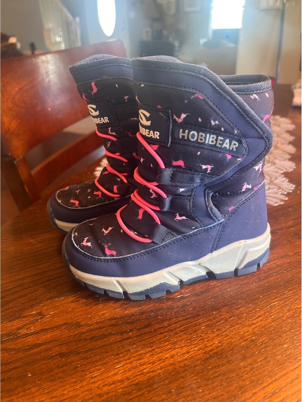 Hobibear Kids Winter Snow Boots Navy Blue with Pink Accents Size 28
